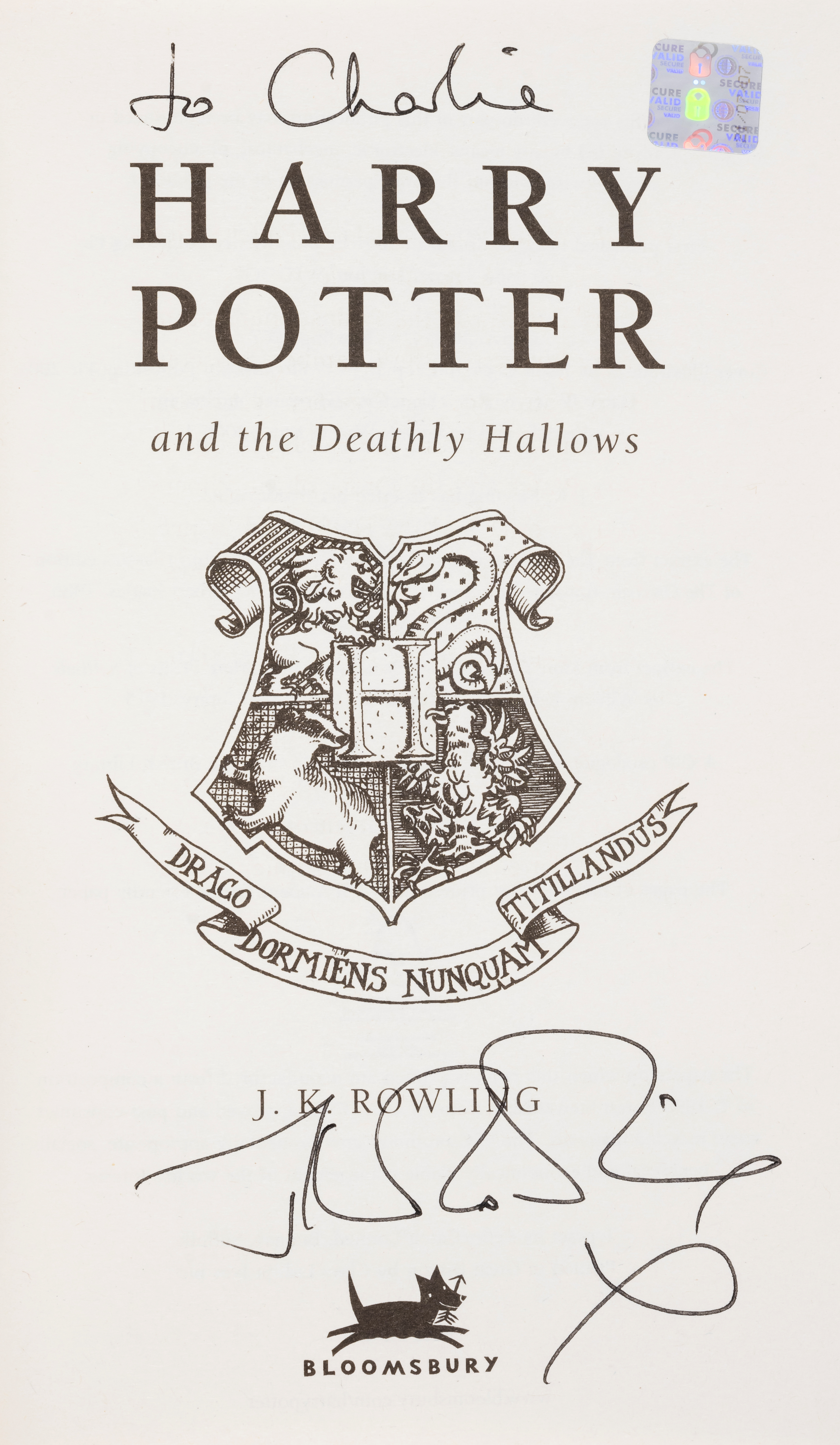 Rowling (J.K.) Harry Potter and the Deathly Hallows, first edition, signed by the author "To Char...