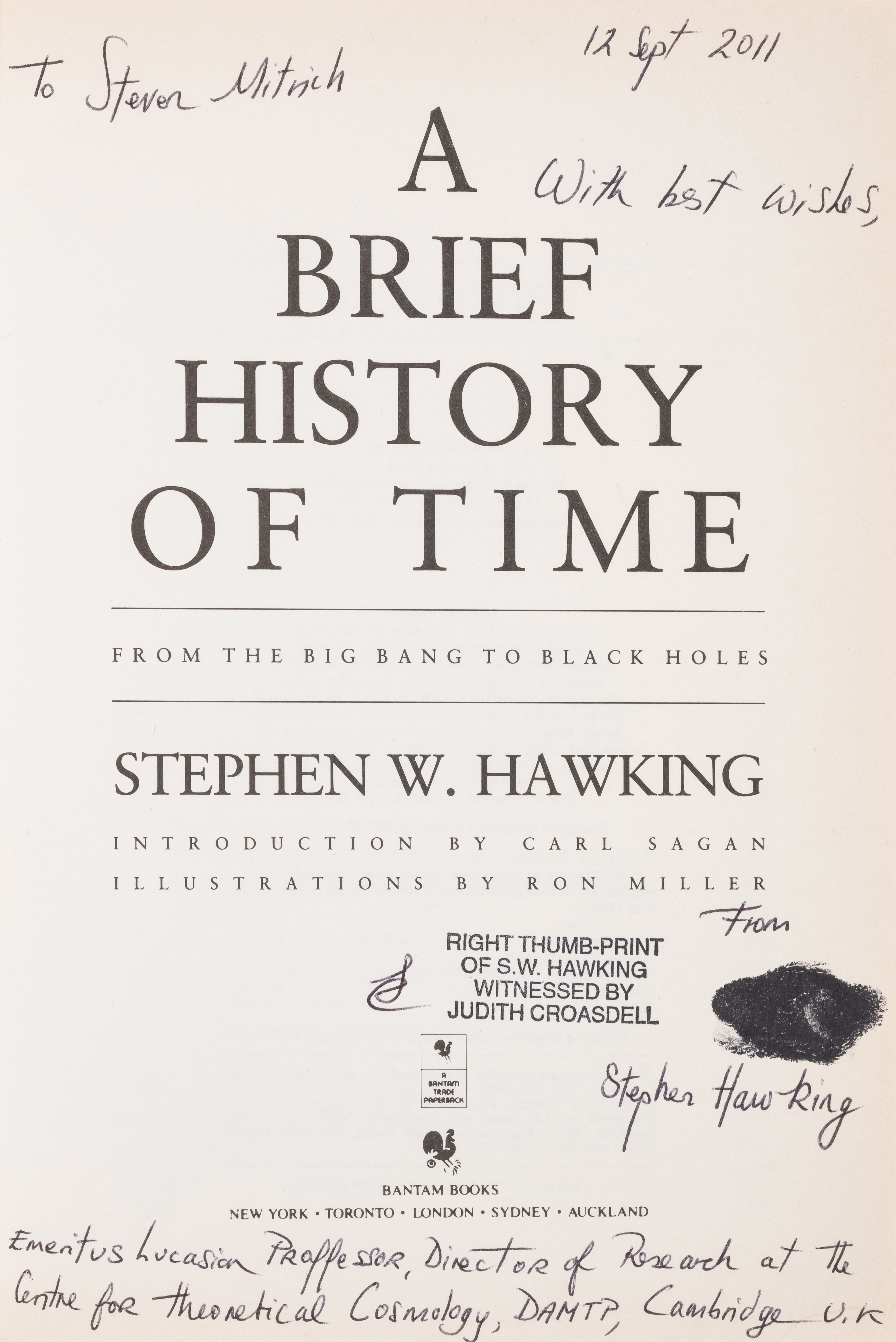 Hawking (Stephen) A Brief History of Time, reprint, signed with author's right thumb-print and wi...