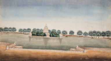 India.- Anglo-Indian School (19th century) View of Hindu shrine, Madura District, Madras, waterco...