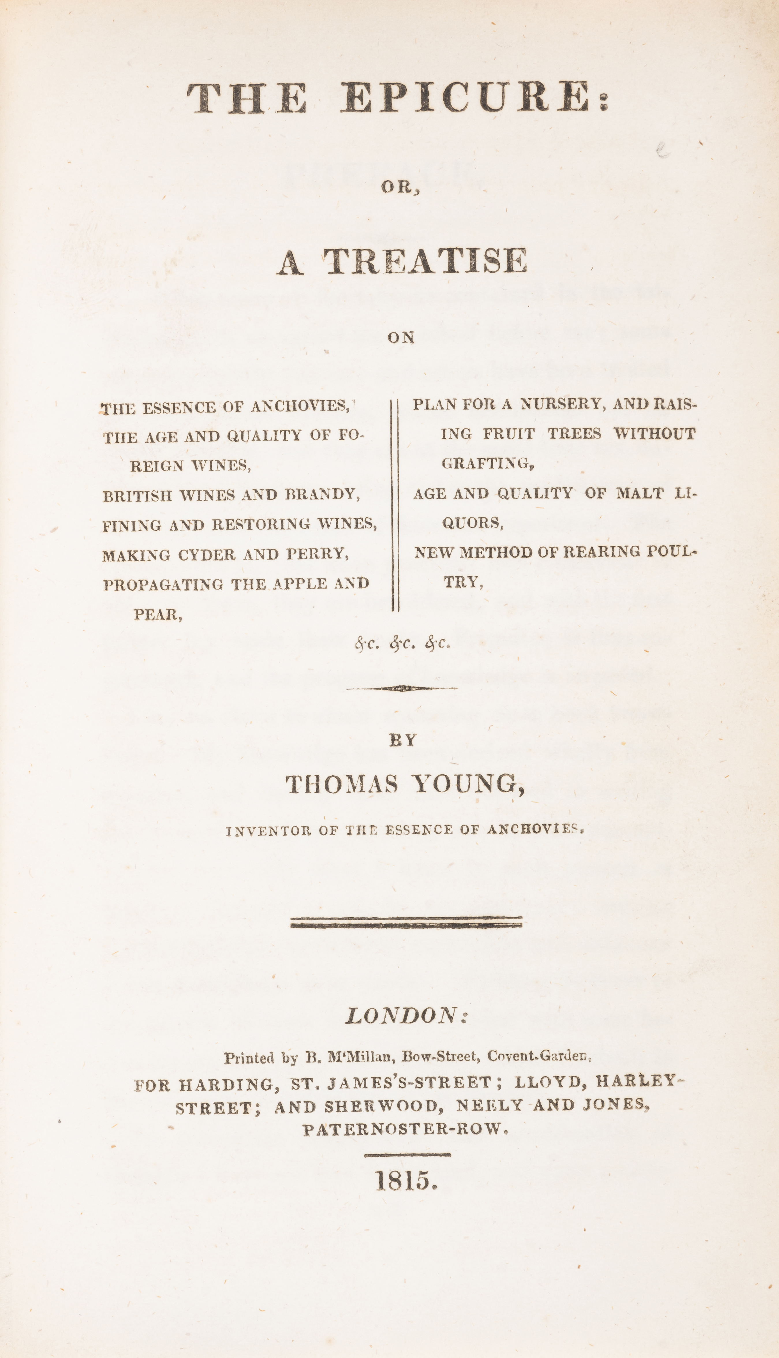 Anchovies.- Young (Thomas) The Epicure: or, A treatise on The Essence of Anchovies, The Age and Q...