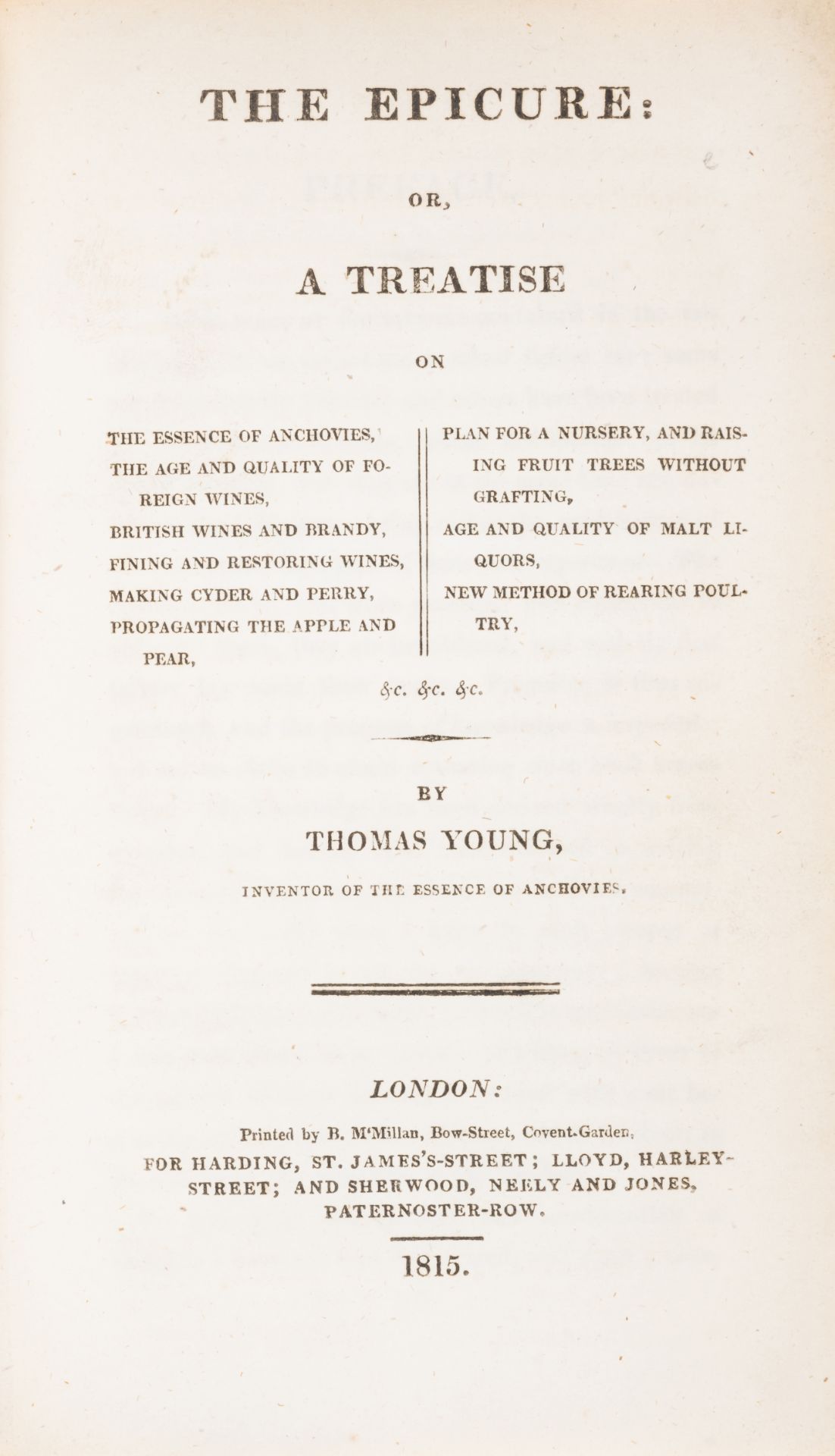 Anchovies.- Young (Thomas) The Epicure: or, A treatise on The Essence of Anchovies, The Age and Q...