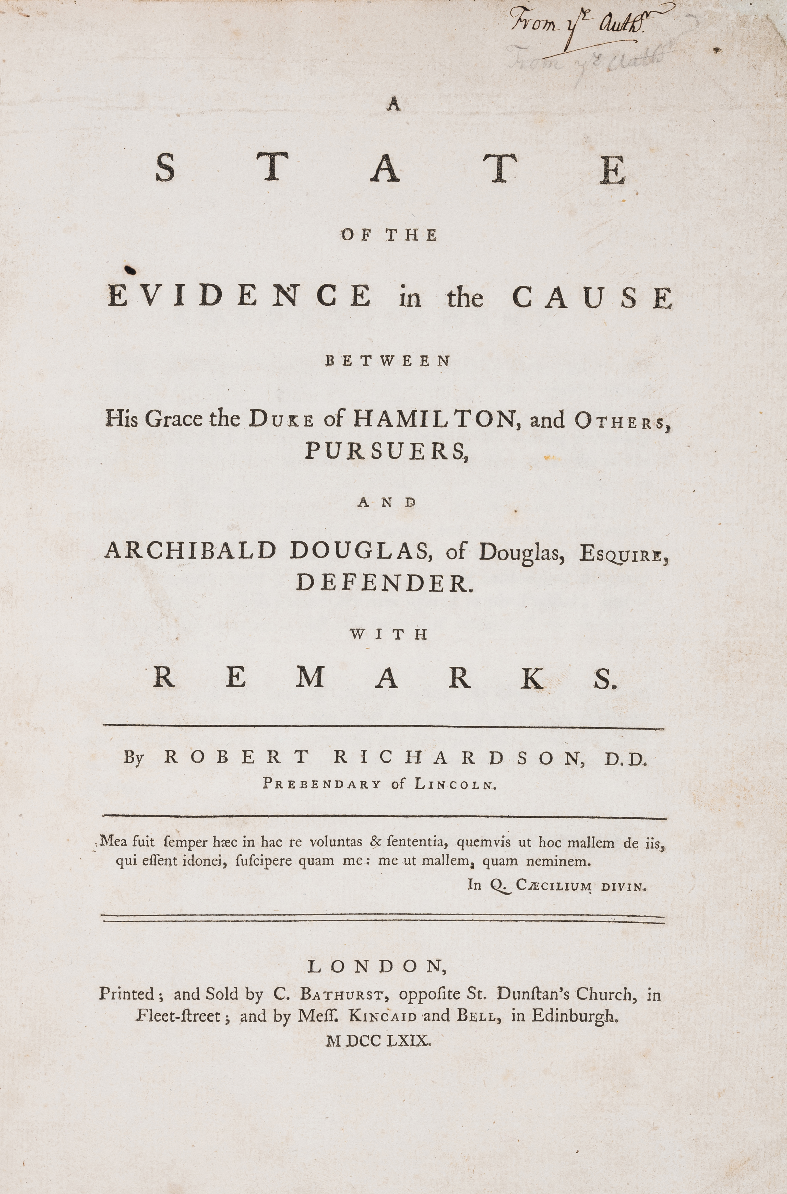 Legal Cases.- Richardson (Robert) A State of the Evidence in the Cause between...the Duke of Hami...