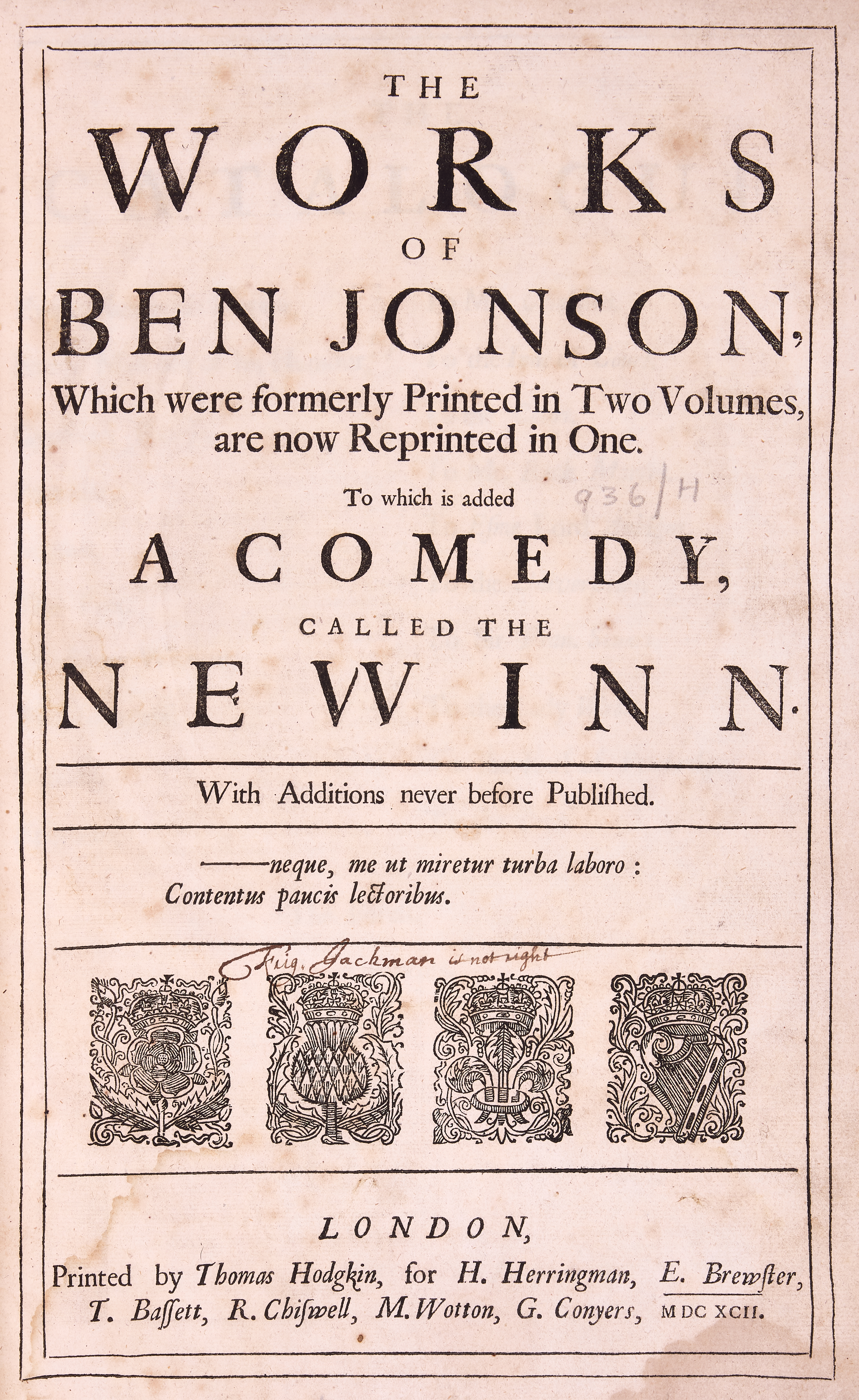 Jonson (Ben) The Works, first complete collected edition, Printed by Thomas Hodgkin, for H. Herri...