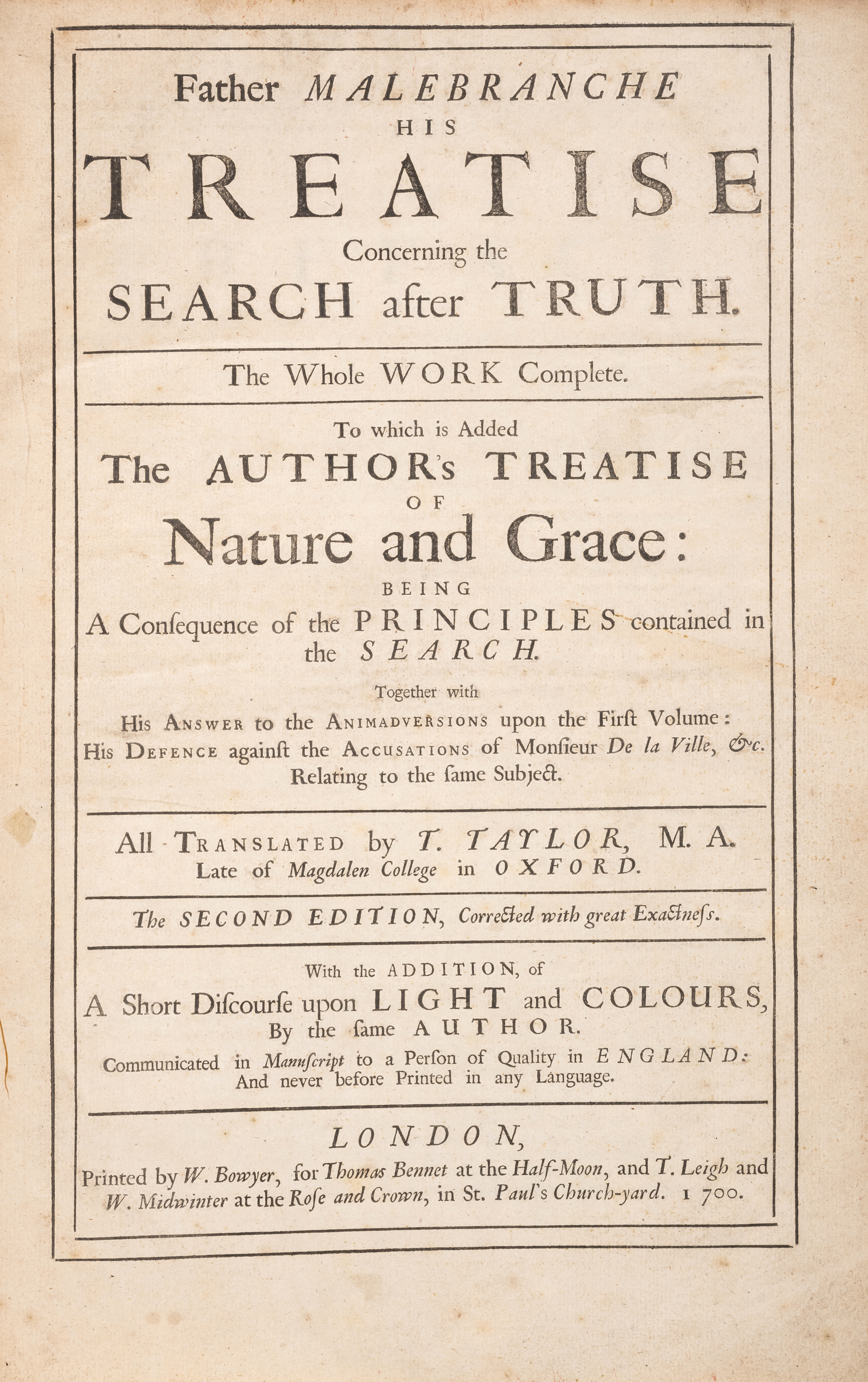 Malebranche (Nicolas) His Treatise Concerning the Search after Truth, second edition, 1700.