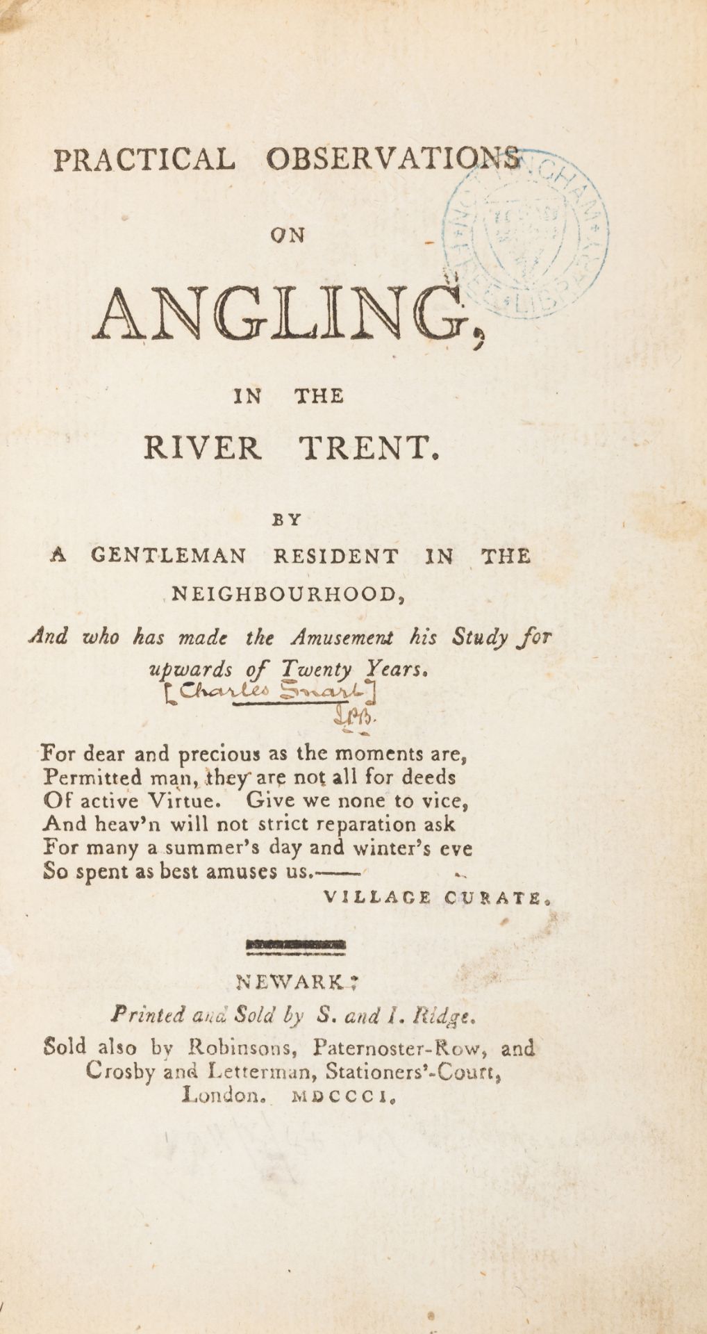 Angling.- Snart (Charles) Practical Observations on Angling in the River Trent, first edition, Ne...