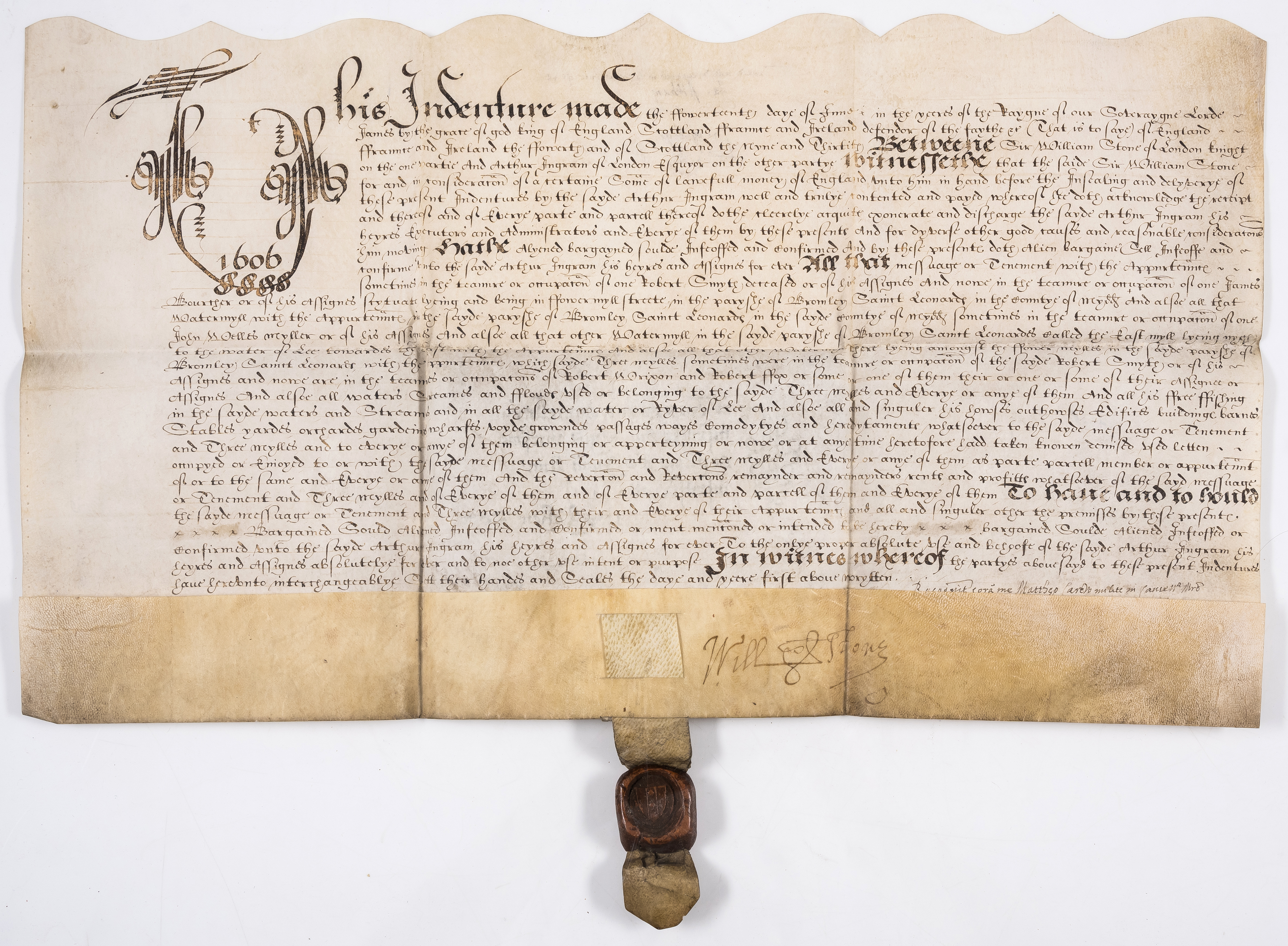 London.- Stone (Sir William) & Sir Arthur Ingram. Indenture, bargain and sale by Arthur Ingram of...