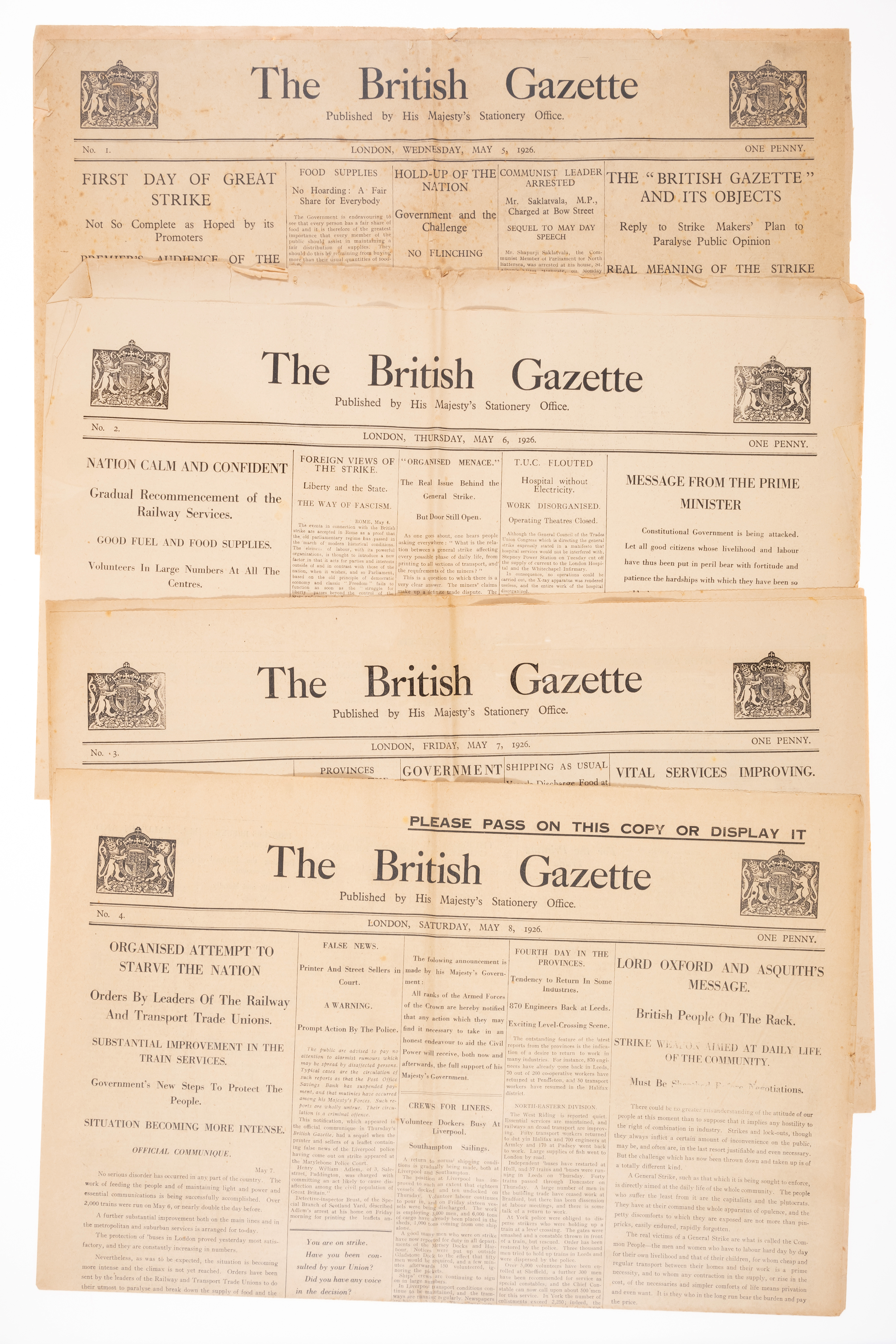 Churchill (Sir Winston Spencer) The British Gazette, nos. 1-8 (all published), 5 - 13th May, 1926