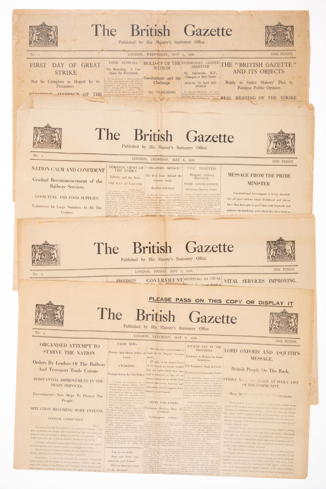 Churchill (Sir Winston Spencer) The British Gazette, nos. 1-8 (all published), 5 - 13th May, 1926