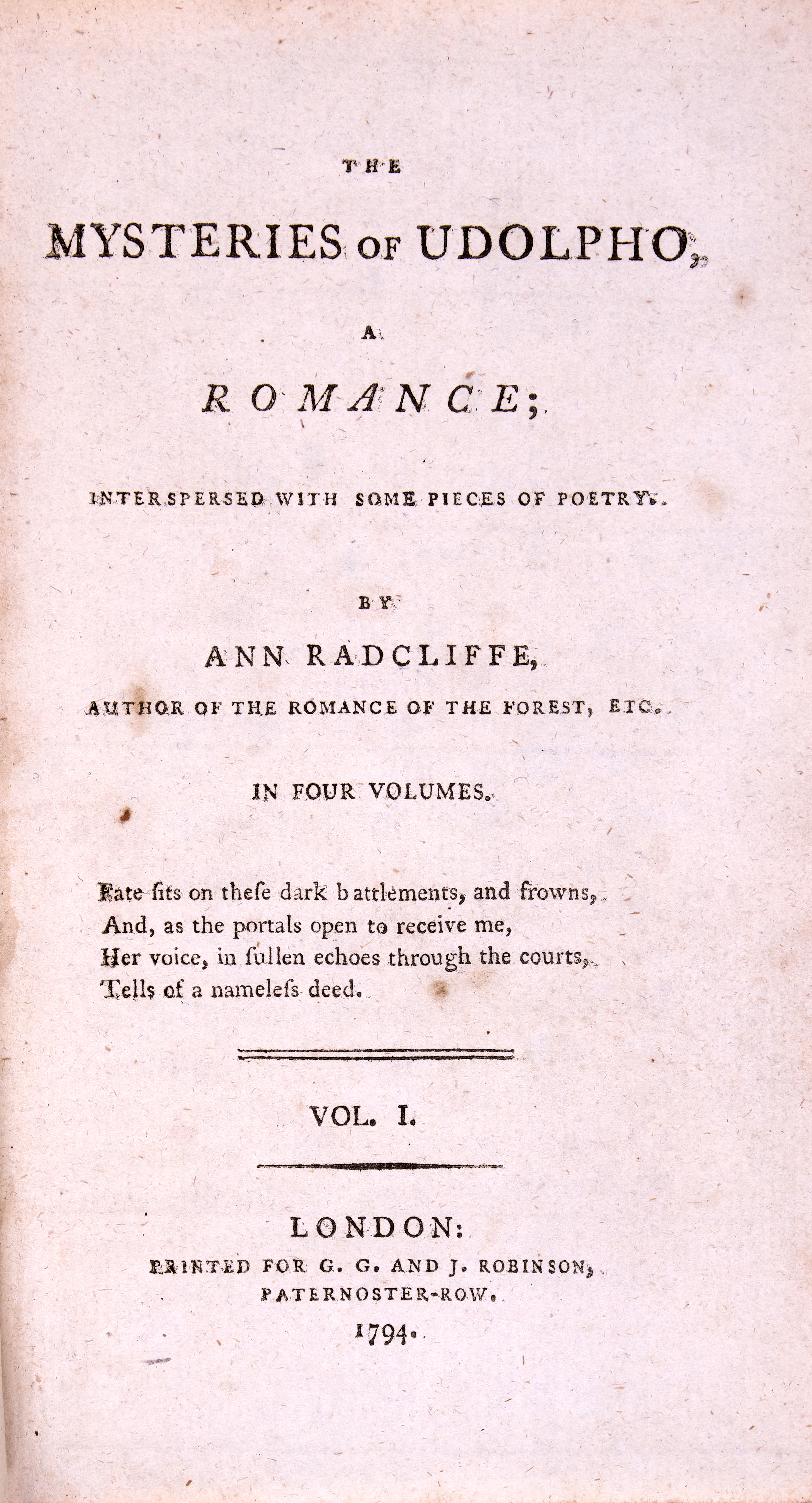 Gothic novel.- [Radcliffe (Ann)] The Mysteries of Udolpho, 4 vol., first edition, Printed for G.G...