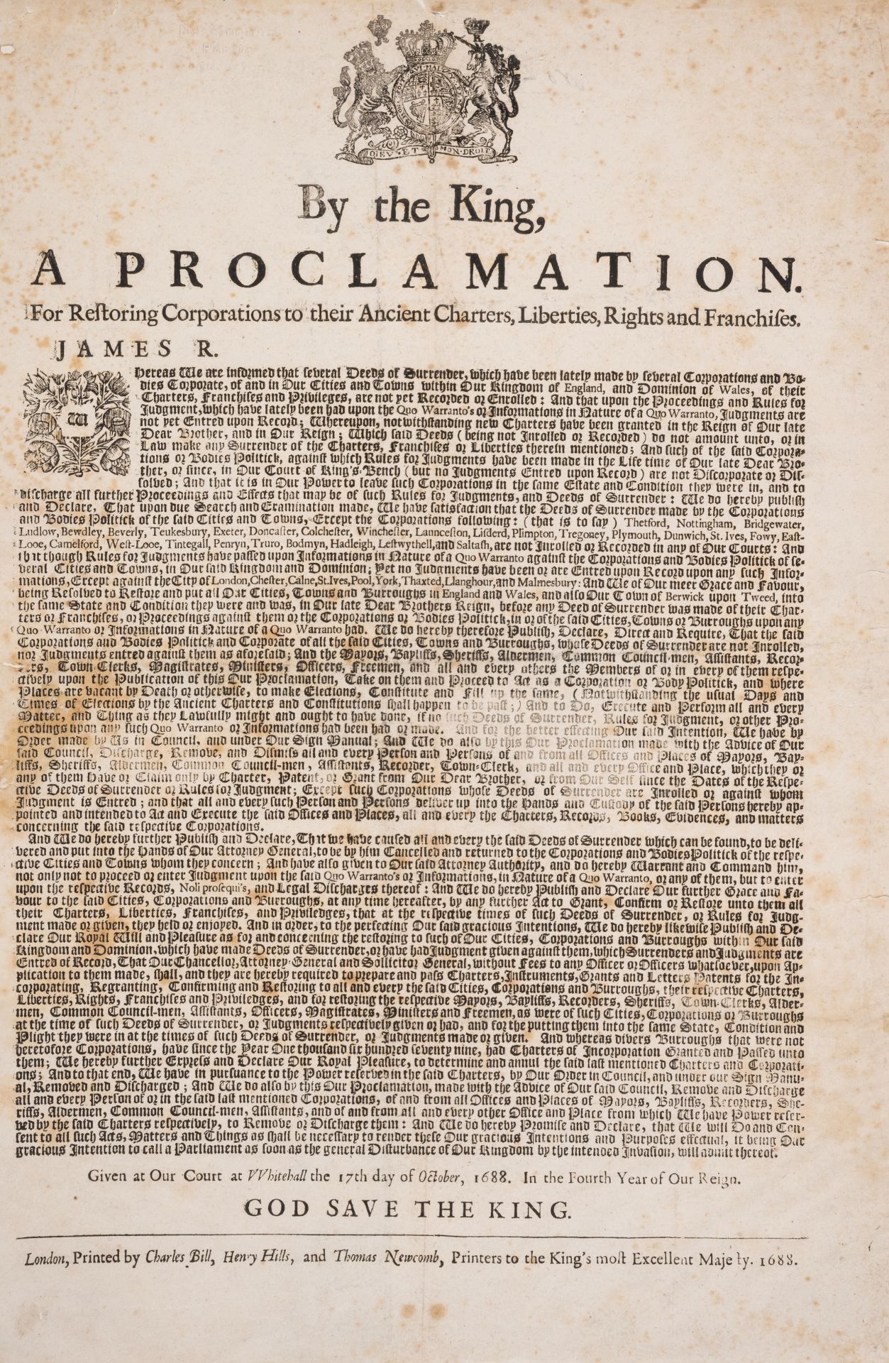 Broadside.- By the King, A Proclamation. For Restoring Corporations to their Ancient Charters, Li...