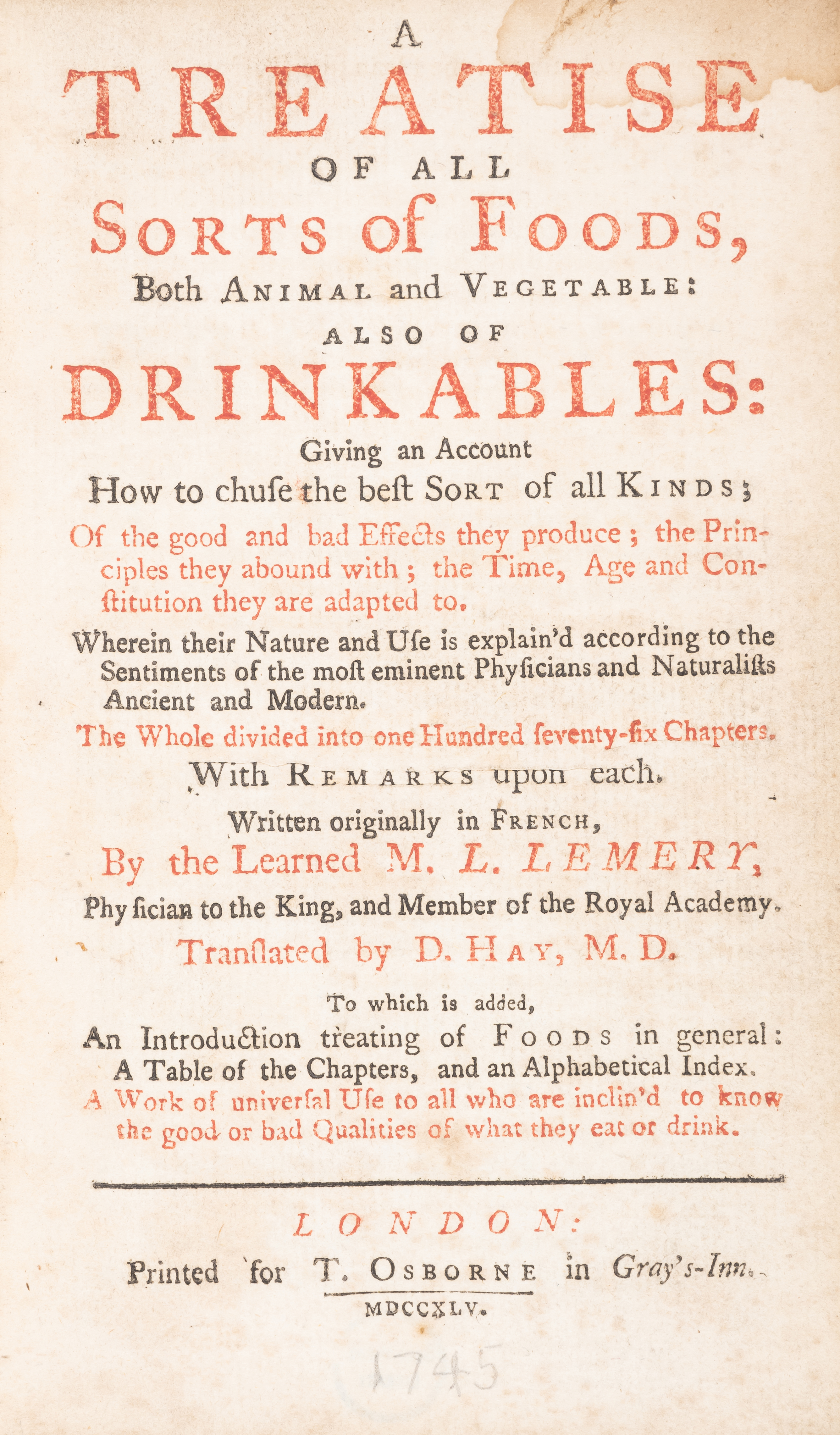 Food & drink quality.- Lemery (Louis) A Treatise of all sorts of foods, both animal and vegetable...