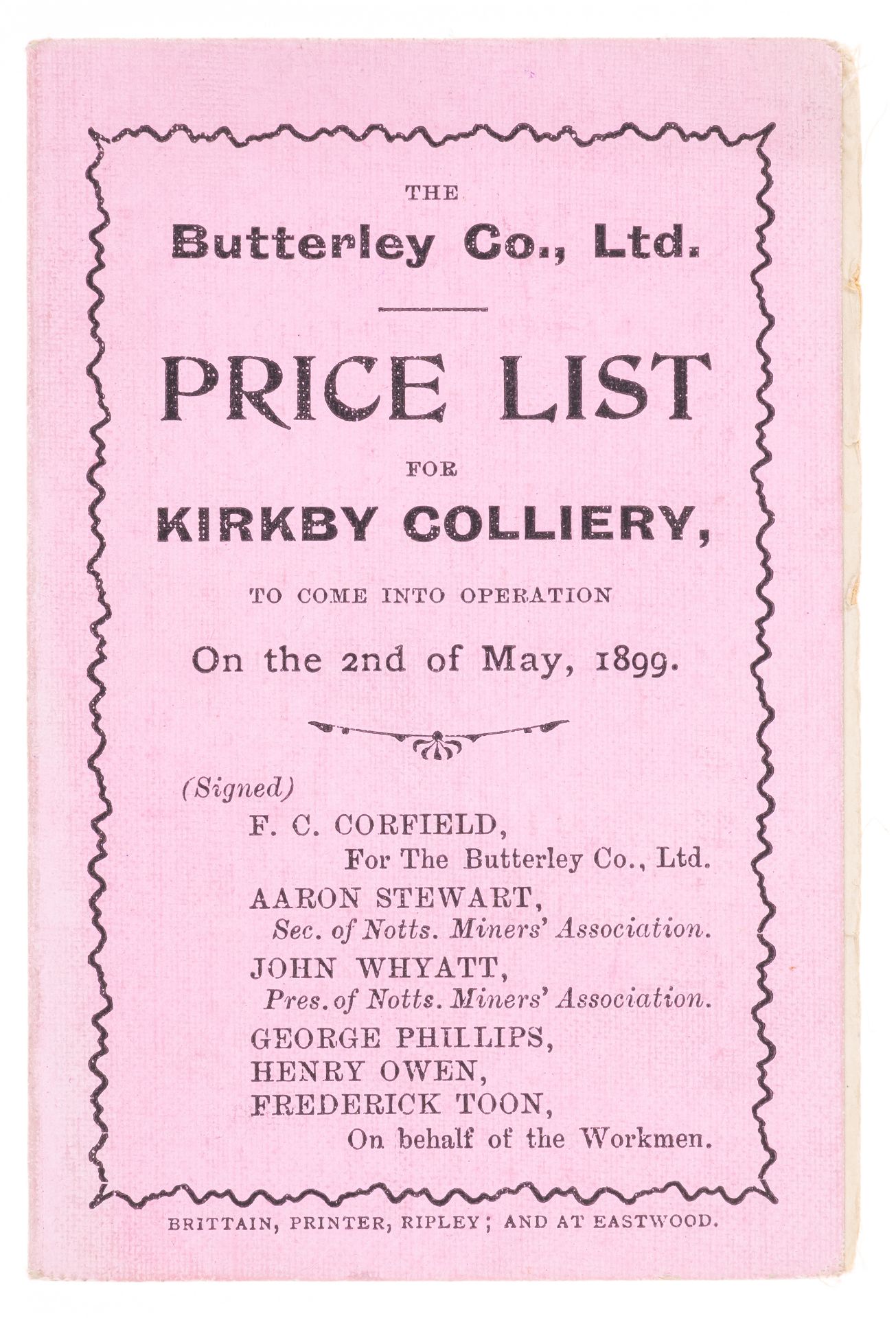 Mining.- Butterly (The) Co., Ltd. Price list for Kirkby Colliery, to come into operation on the 2...