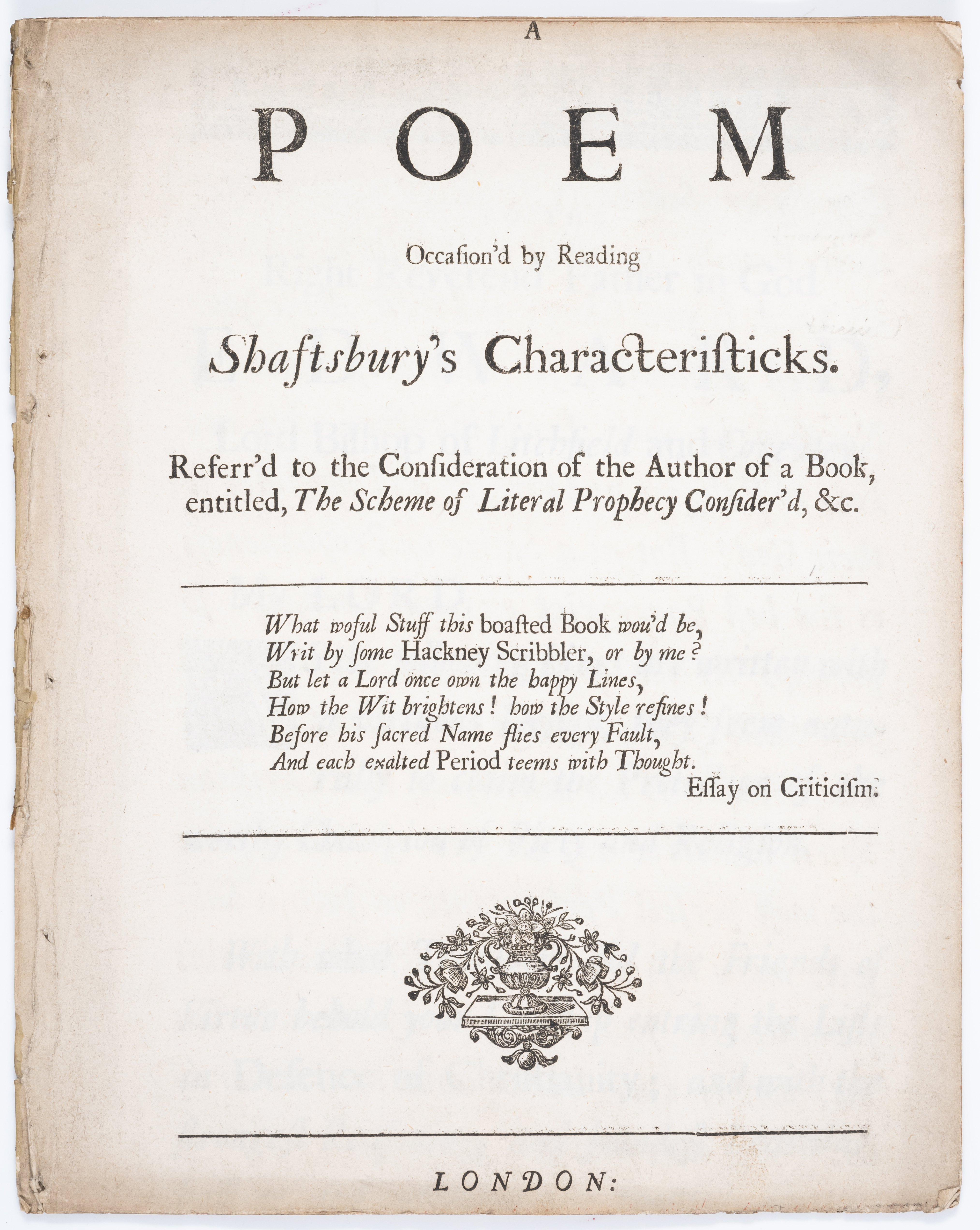 [Young (Edward), attributed to] A Poem occasion'd by reading Shaftsbury's Characteristicks. Refer...