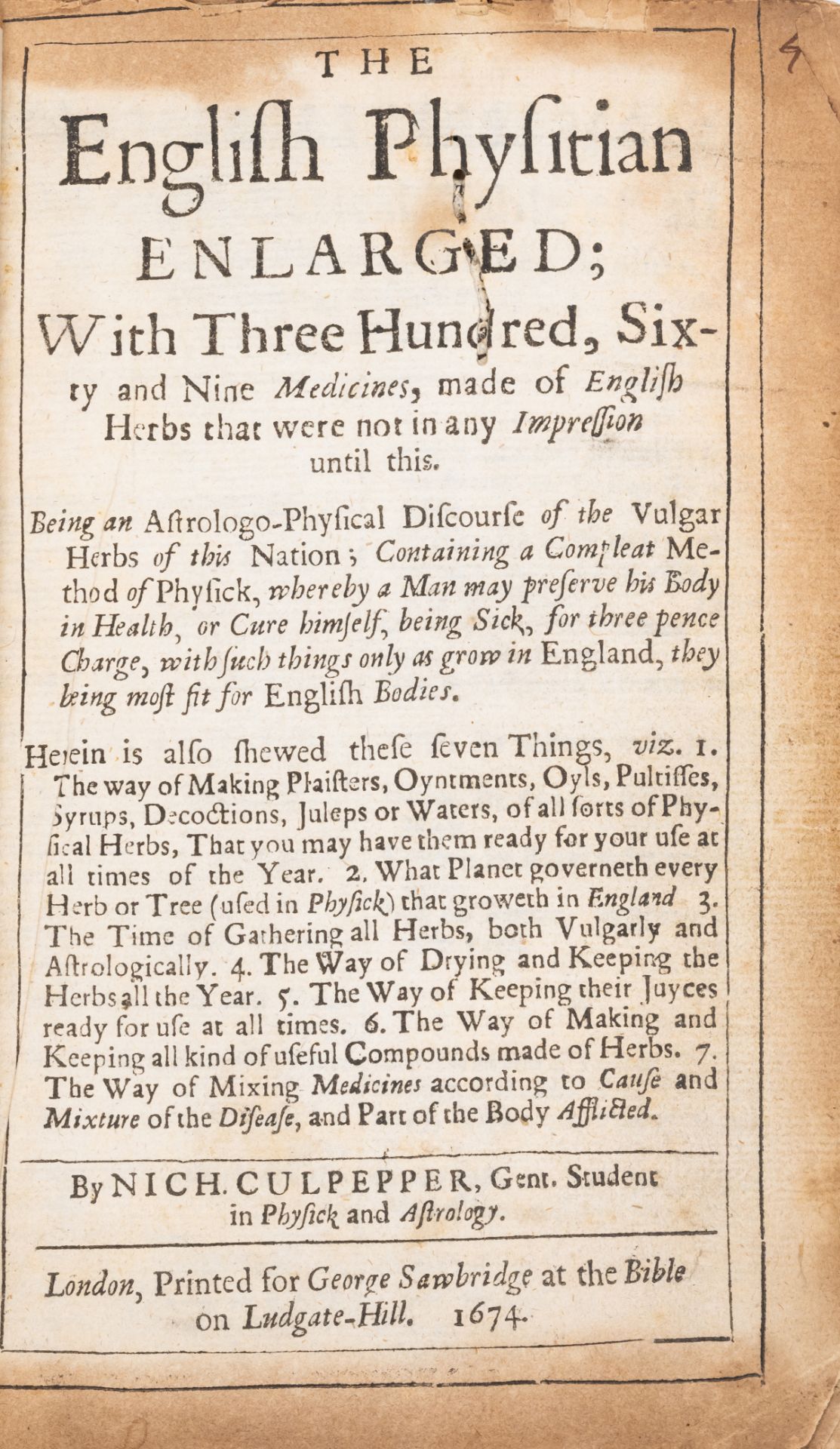 Herbal.- Culpeper (Nicholas) The English Physitian Enlarged; With Three Hundred, Sixty and Nine M...