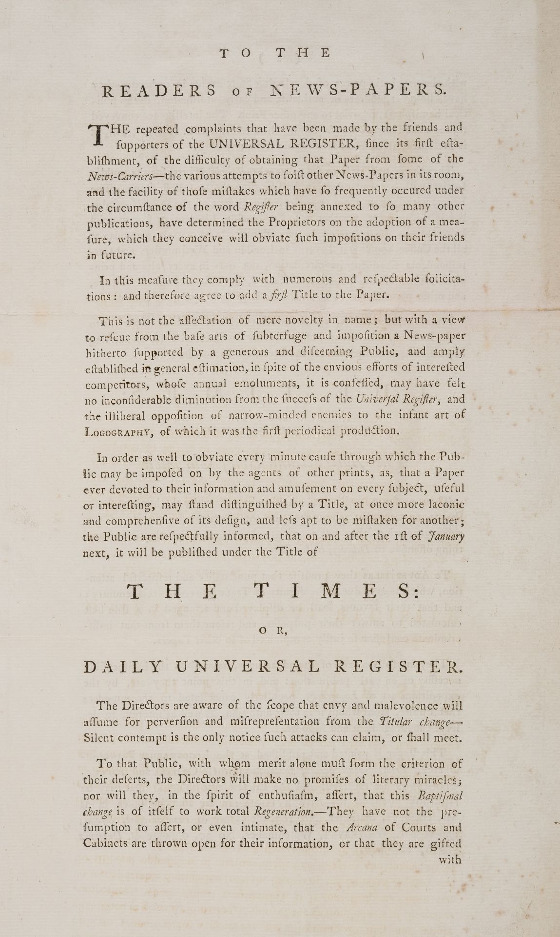 The Times.- [Announcement that The Universal Register will change its name to The Times: Or, Dail...