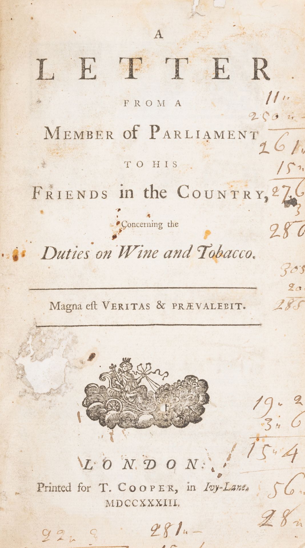 Wine & tobacco.- [Walpole (Robert, Earl of Orford)] A Letter from a Member of Parliament to his F...