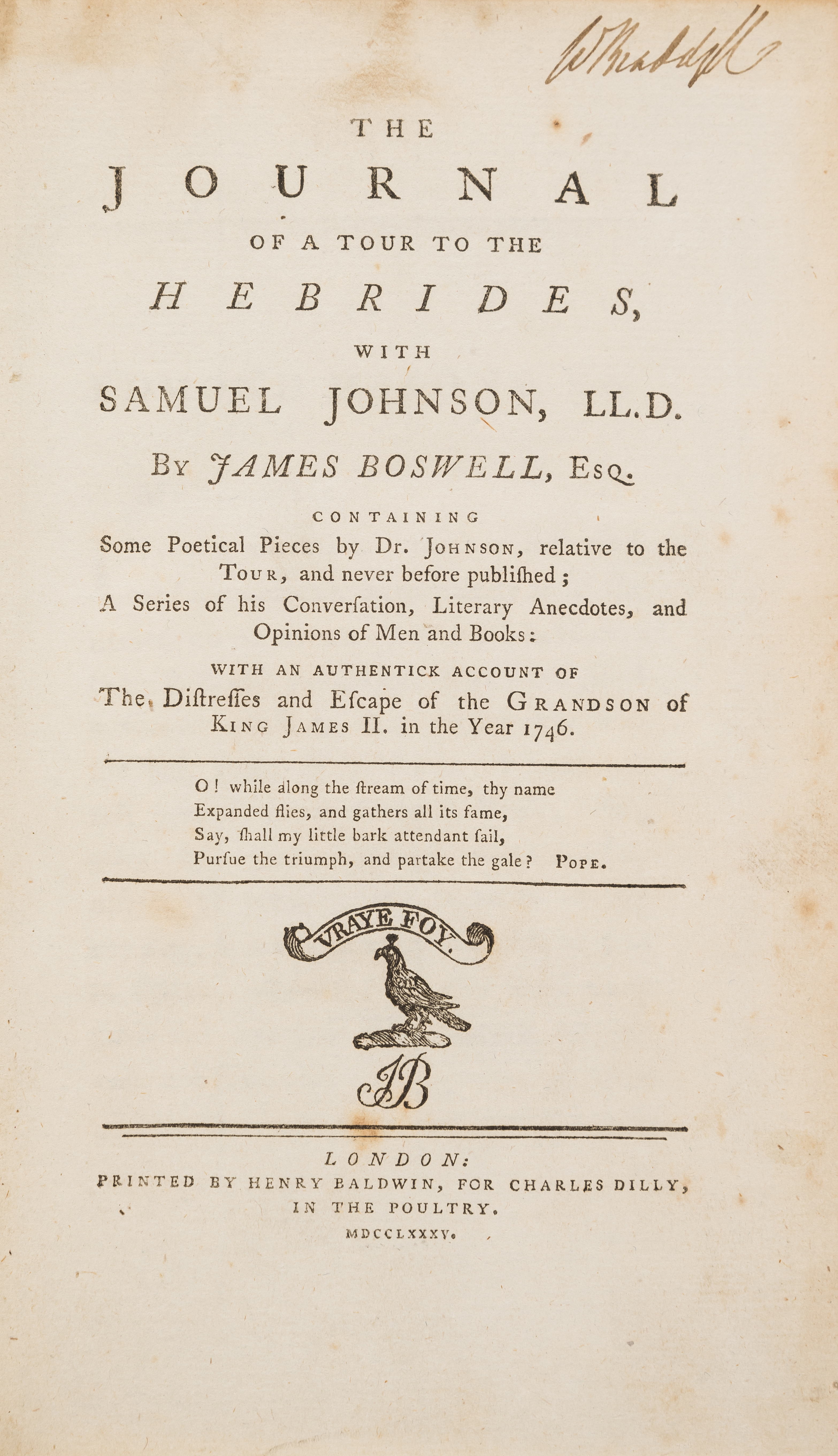 Scotland.- Boswell (James) The Journal of a Tour to the Hebrides, with Samuel Johnson, Ll.D., fir...