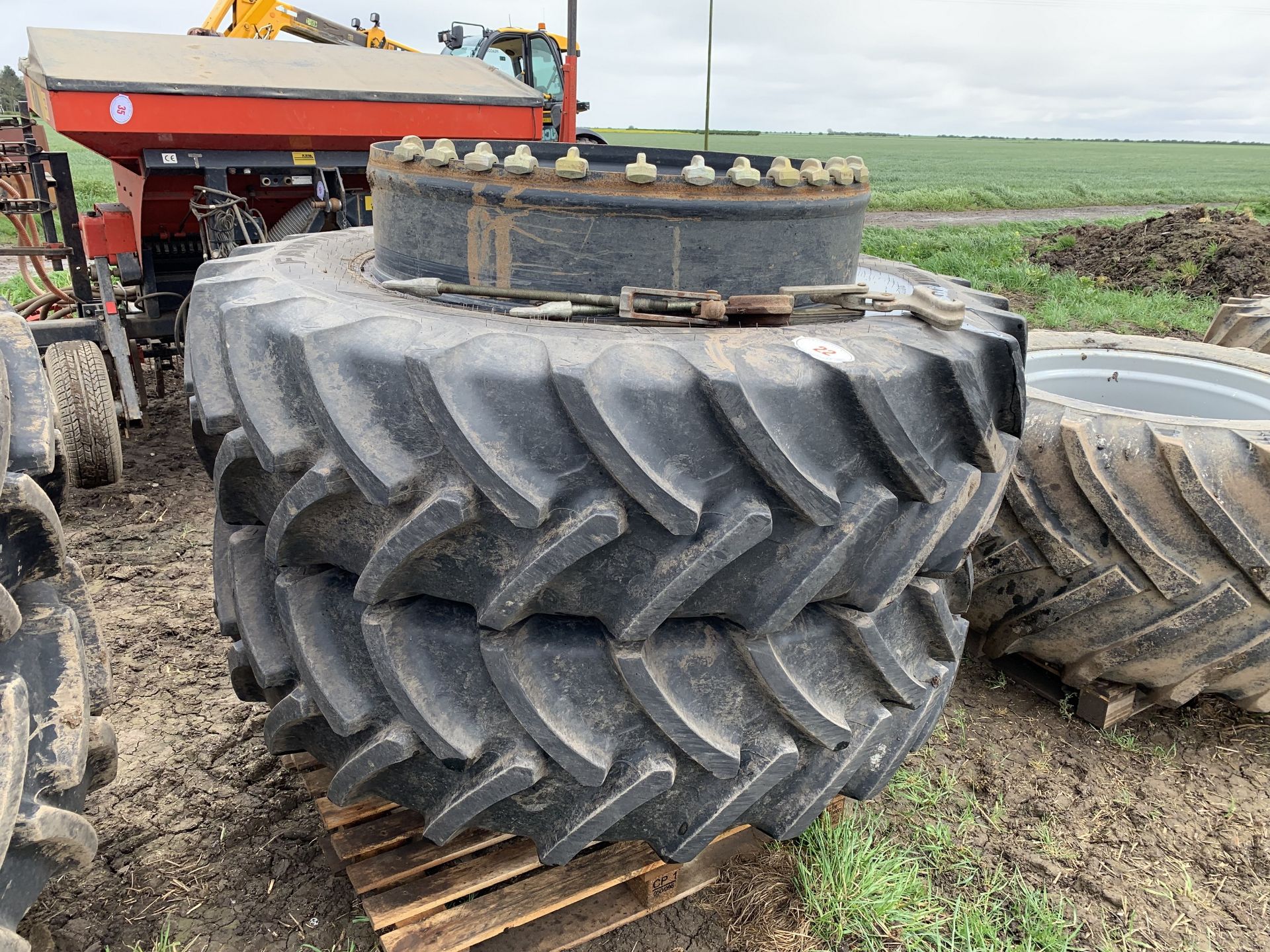 Pair of Stocks dual wheels & tyres with clamps, 480/80R42, Ceat Farmax tyres with 90% tread