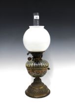 Hinks & Sons No.2 Safety oil lamp with glass funnel and opaque glass shade, overall height 55cm