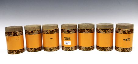 Set of seven vintage Portmeirion canisters designed by Susan Williams-Ellis, with greek key