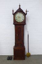 Scottish mahogany longcase clock, signed Jas Cameron, Dundee, with seconds and date dials, the flame