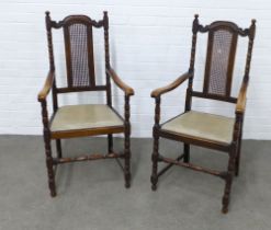 Pair of beechwood open armchairs, with cane work backs, 56 x 112 x 44cm. (2)