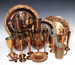 Quantity of copper wares to include trays, goblets, vases, beakers, etc (a lot)