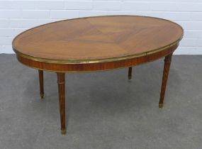 George III style satinwood occasional table , the oval top with quarter veneer and brass banding,
