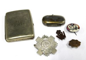 Epns cigarette case, Epns coin case, military cap badges and a Coronation badge (6)