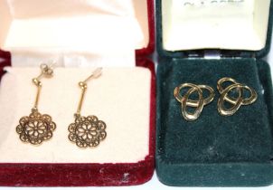 A pair of 9ct gold Ola Gorie earrings and a pair of 9ct gold drop earrings (2)
