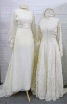 Two vintage wedding dresses, together with a veiled lace cap and a floral headband veil (4)