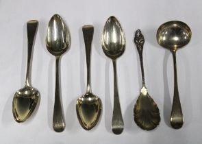 Four Georgian silver table spoons, Old English pattern, various hallmarks and each with engraved