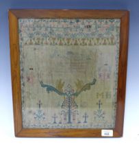 19th century needlework verse and alphabet sampler worked by ER aged 12 years, rosewood frame, under