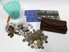 A collection of pre decimal coins, vintage leather bag and stamps, etc (a lot)