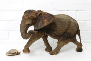 Wooden elephant, naturalistically carved and modelled in a walking pose, (damage to one ear) 38