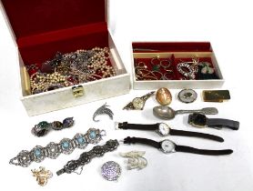 Jewellery box containing a collection of vintage costume jewellery and wristwatches, etc (a lot)