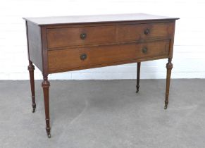 Mahogany and inlaid table, rectangular top over two short and one long drawer with brass ring