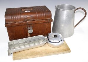 Tin trunk containing a selection of vintage kitchenalia to include a chopping board, metal storage