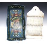 Folk Art painted tray, 61 x 32cm, together with a grey painted wooden wall rack, (2)