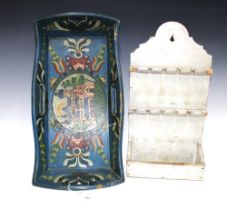 Folk Art painted tray, 61 x 32cm, together with a grey painted wooden wall rack, (2)