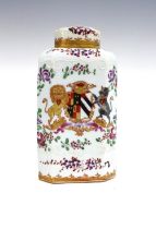 Samson of Paris, armorial porcelain tea caddy and cover, 8 x 17cm.