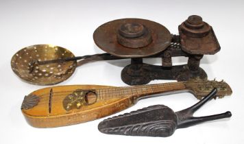 Mixed lot to include vintage scales and weights, brassware and a small mandolin etc (a lot)