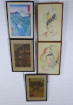 A collection of Japanese prints, framed under glass and of various size, (5)