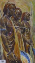 Mixed media with three Tribesmen, apparently unsigned, framed under glass, 24 x 41cm