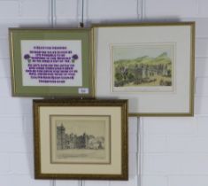 A Scottish Greeting, framed needlework and two prints of Holyrood Palace, all framed under glass (3)