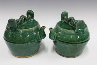 Two Chinese green glazed Shiwan pottery teapots (2) 21 x 23cm