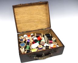 Early 20th century stained pine box containing a quantity of vintage cotton reel threads