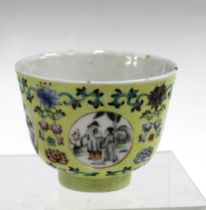 19th century Chinese famille rose cup, yellow ground with sgraffito pattern, 6.5cm high