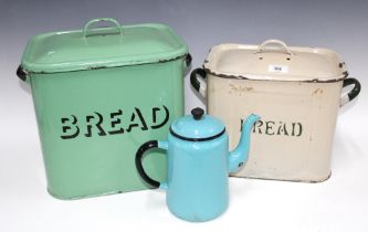 Vintage enamel kitchenalia to include two Bread bins with covers and a blue coffee pot (3)