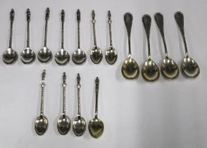 A collection of continental silver and white metal teaspoons to include Apostle spoons, (15)